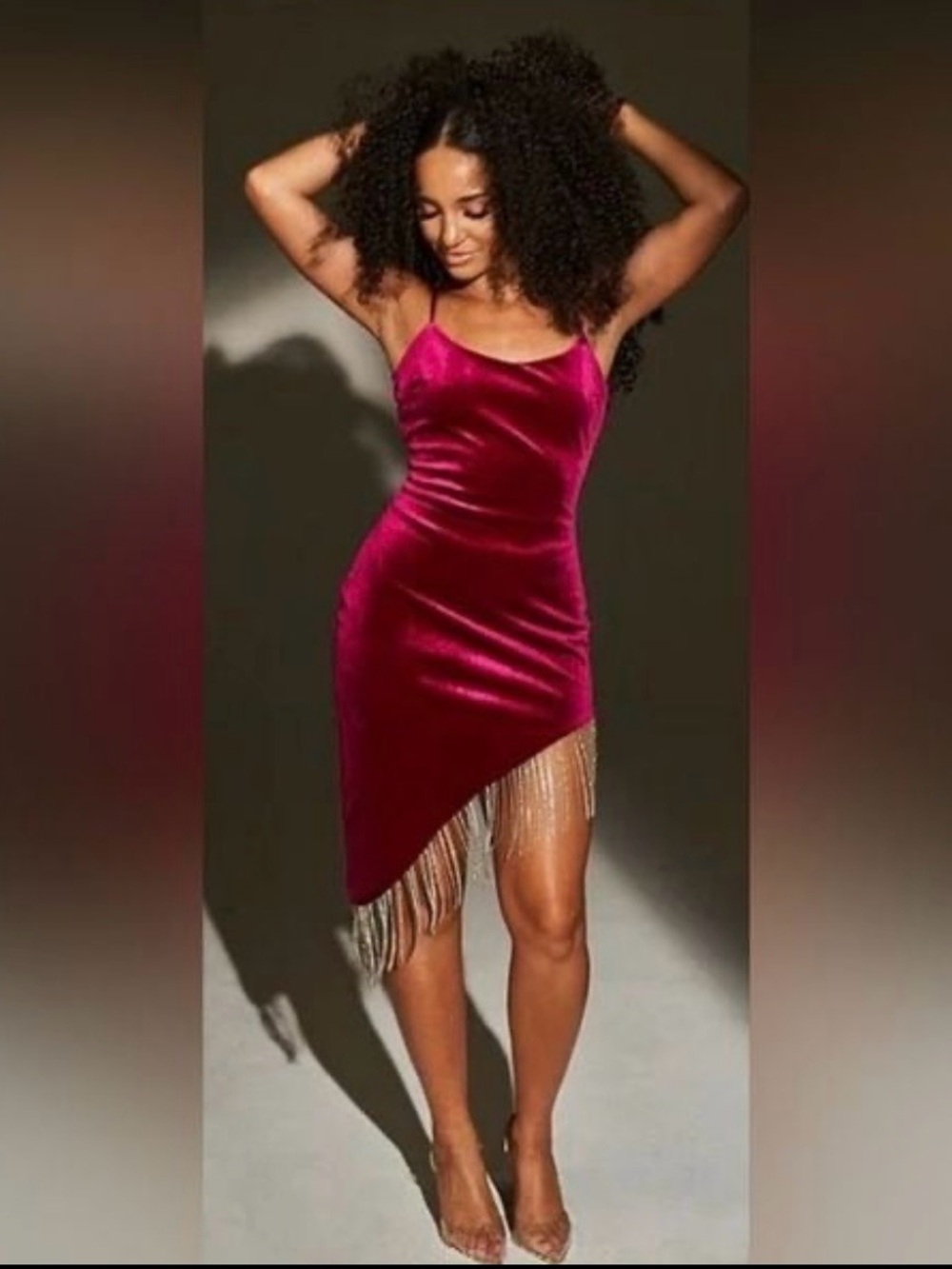 Velvet Asymmetrical Fringe Slip Dress - Burgundy